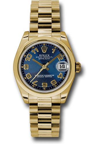Rolex Yellow Gold Datejust 31 Watch - Domed Bezel - Blue Concentric Circle Arabic Dial - President Bracelet - 178248