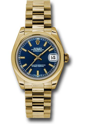 Rolex Yellow Gold Datejust 31 Watch - Domed Bezel - Blue Concentric Circle Index Dial - President Bracelet - 178248