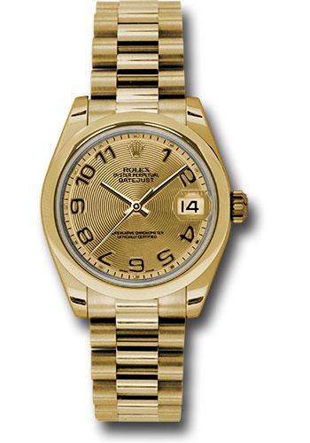Rolex Yellow Gold Datejust 31 Watch - Domed Bezel - Champagne Concentric Circle Arabic Dial - President Bracelet - 178248