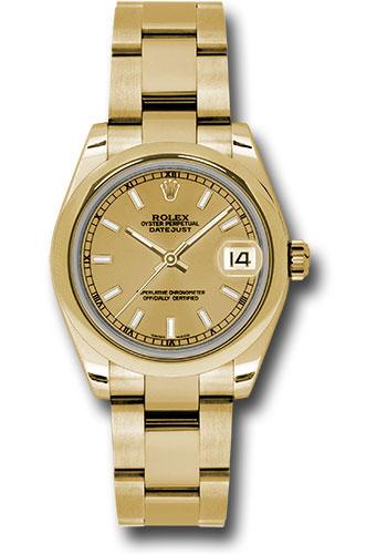 Rolex Yellow Gold Datejust 31 Watch - Domed Bezel - Champagne Index Dial - Oyster Bracelet - 178248