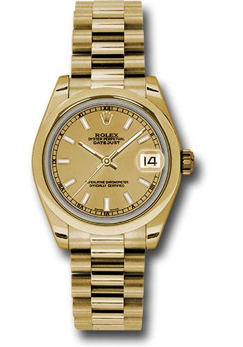 Rolex Yellow Gold Datejust 31 Watch - Domed Bezel - Champagne Concentric Circle Index Dial - President Bracelet - 178248