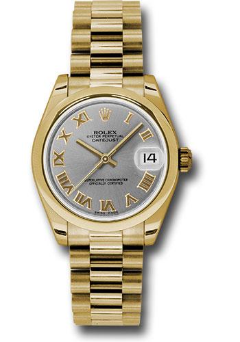 Rolex Yellow Gold Datejust 31 Watch - Domed Bezel - Gray Roman Dial - President Bracelet - 178248