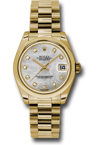 Rolex Yellow Gold Datejust 31 Watch - Domed Bezel - Mother-Of-Pearl Diamond Dial - President Bracelet - 178248