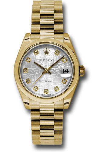 Rolex Yellow Gold Datejust 31 Watch - Domed Bezel - Silver Jubilee Diamond Dial - President Bracelet - 178248