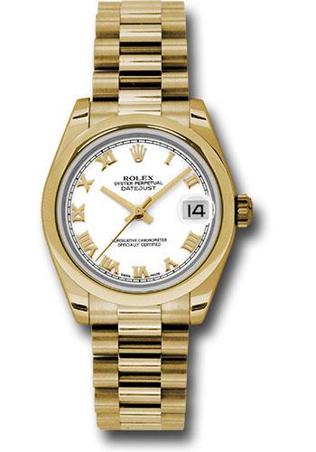 Rolex Yellow Gold Datejust 31 Watch - Domed Bezel - White Roman Dial - President Bracelet - 178248
