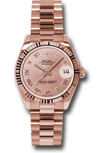 Rolex Pink Gold Datejust 31 Watch - Fluted Bezel - Pink Champagne Roman Dial - President Bracelet - 178275