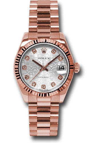 Rolex Pink Gold Datejust 31 Watch - Fluted Bezel - Silver Jubilee Diamond Dial - President Bracelet - 178275