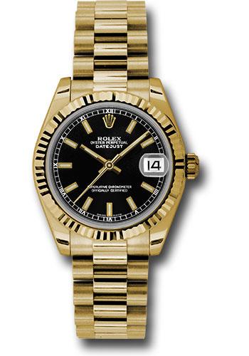 Rolex Yellow Gold Datejust 31 Watch - Fluted Bezel - Black Index Dial - President Bracelet - 178278