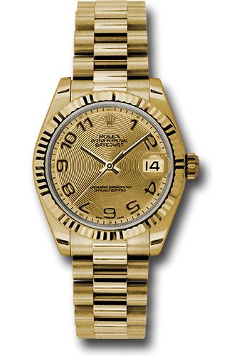 Rolex Yellow Gold Datejust 31 Watch - Fluted Bezel - Champagne Concentric Circle Arabic Dial - President Bracelet - 178278