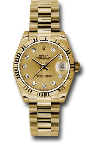 Rolex Yellow Gold Datejust 31 Watch - Fluted Bezel - Champagne Diamond Dial - President Bracelet - 178278
