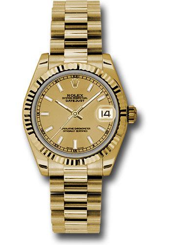 Rolex Yellow Gold Datejust 31 Watch - Fluted Bezel - Champagne Index Dial - President Bracelet - 178278