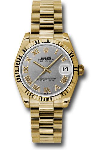 Rolex Yellow Gold Datejust 31 Watch - Fluted Bezel - Gray Roman Dial - President Bracelet - 178278