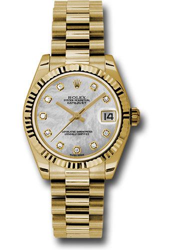 Rolex Yellow Gold Datejust 31 Watch - Fluted Bezel - Mother-Of-Pearl Diamond Dial - President Bracelet - 178278