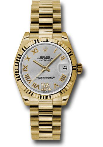 Rolex Yellow Gold Datejust 31 Watch - Fluted Bezel - Silver Diamond Roman Vi Roman Dial - President Bracelet - 178278