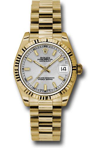 Rolex Yellow Gold Datejust 31 Watch - Fluted Bezel - Silver Diamond Roman Vi Index Dial - President Bracelet - 178278