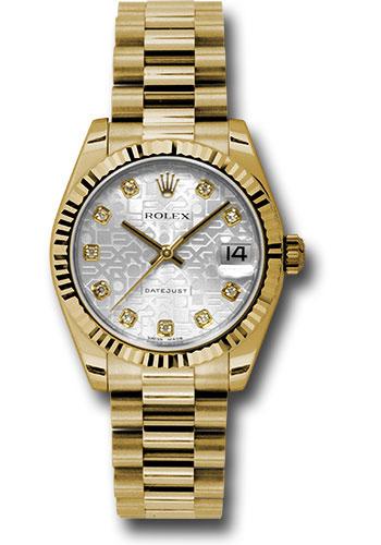 Rolex Yellow Gold Datejust 31 Watch - Fluted Bezel - Silver Jubilee Diamond Dial - President Bracelet - 178278