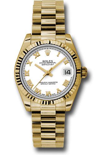 Rolex Yellow Gold Datejust 31 Watch - Fluted Bezel - White Roman Dial - President Bracelet - 178278