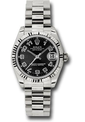 Rolex White Gold Datejust 31 Watch - Fluted Bezel - Black Concentric Circles Arabic Dial - President Bracelet - 178279