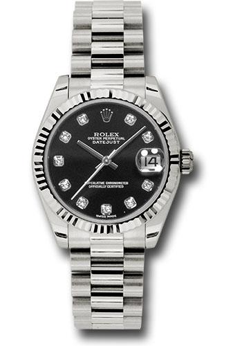 Rolex White Gold Datejust 31 Watch - Fluted Bezel - Black Diamond Dial - President Bracelet - 178279