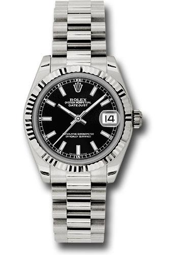 Rolex White Gold Datejust 31 Watch - Fluted Bezel - Black Index Dial - President Bracelet - 178279