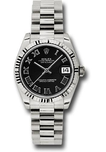 Rolex White Gold Datejust 31 Watch - Fluted Bezel - Black Roman Dial - President Bracelet - 178279