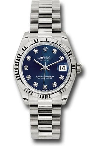 Rolex White Gold Datejust 31 Watch - Fluted Bezel - Blue Diamond Dial - President Bracelet - 178279