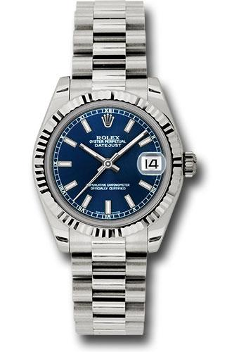 Rolex White Gold Datejust 31 Watch - Fluted Bezel - Blue Index Dial - President Bracelet - 178279