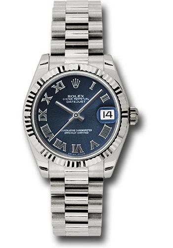 Rolex White Gold Datejust 31 Watch - Fluted Bezel - Blue Roman Dial - President Bracelet - 178279