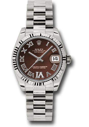 Rolex White Gold Datejust 31 Watch - Fluted Bezel - Bronze Diamond Roman Vi Roman Dial - President Bracelet - 178279