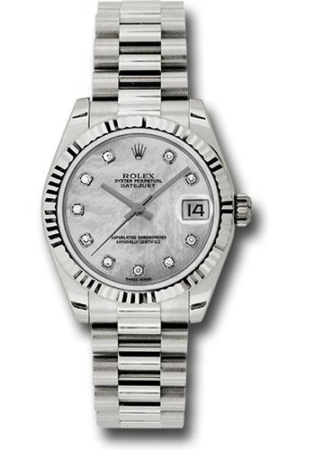 Rolex White Gold Datejust 31 Watch - Fluted Bezel - Mother-Of-Pearl Diamond Dial - President Bracelet - 178279
