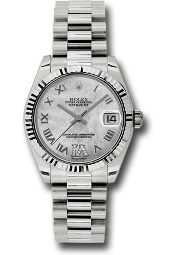 Rolex White Gold Datejust 31 Watch - Fluted Bezel - Mother-Of-Pearl Diamond Roman Vi Roman Dial - President Bracelet - 178279