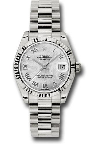 Rolex White Gold Datejust 31 Watch - Fluted Bezel - Mother-Of-Pearl Roman Dial - President Bracelet - 178279