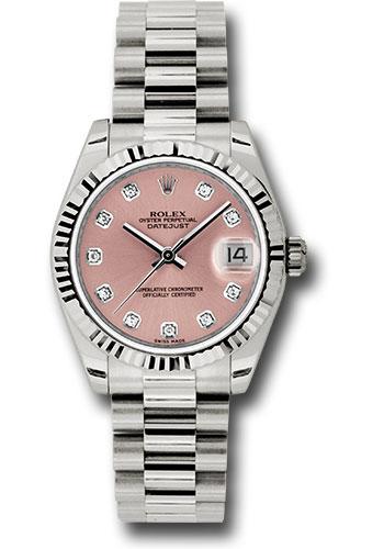 Rolex White Gold Datejust 31 Watch - Fluted Bezel - Pink Diamond Dial - President Bracelet - 178279