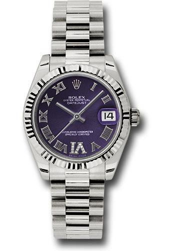 Rolex White Gold Datejust 31 Watch - Fluted Bezel - Purple Diamond Roman Vi Roman Dial - President Bracelet - 178279