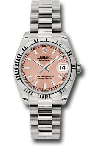 Rolex White Gold Datejust 31 Watch - Fluted Bezel - Pink Index Dial - President Bracelet - 178279
