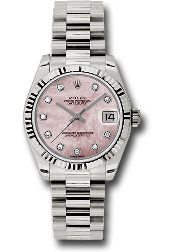 Rolex White Gold Datejust 31 Watch - Fluted Bezel - Pink Mother-Of-Pearl Diamond Dial - President Bracelet - 178279
