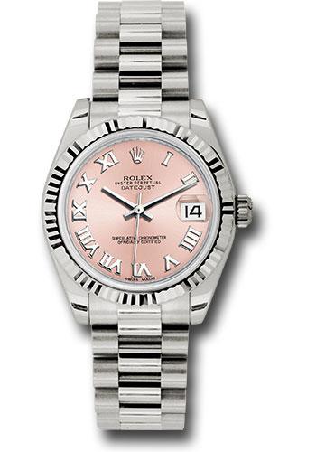 Rolex White Gold Datejust 31 Watch - Fluted Bezel - Pink Roman Dial - President Bracelet - 178279