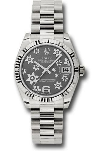 Rolex White Gold Datejust 31 Watch - Fluted Bezel - Dark Rhodium Floral Motif Dial - President Bracelet - 178279
