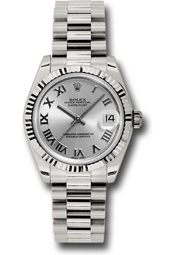 Rolex White Gold Datejust 31 Watch - Fluted Bezel - Rhodium Roman Dial - President Bracelet - 178279
