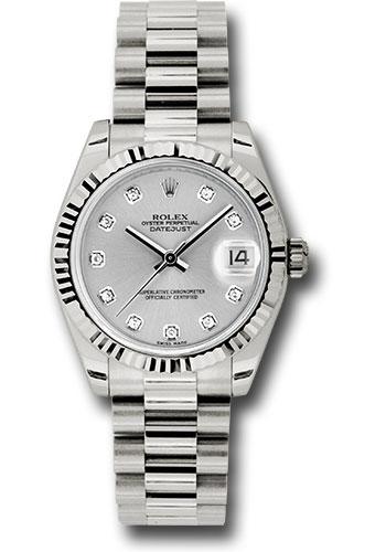 Rolex White Gold Datejust 31 Watch - Fluted Bezel - Silver Diamond Dial - President Bracelet - 178279
