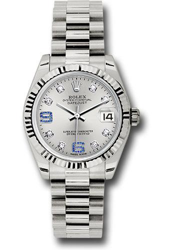 Rolex White Gold Datejust 31 Watch - Fluted Bezel - Silver Diamond Sapphire 6 And 9 Diamond Dial - President Bracelet - 178279