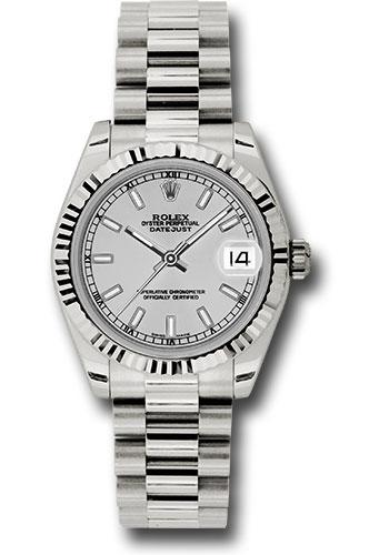 Rolex White Gold Datejust 31 Watch - Fluted Bezel - Silver Index Dial - President Bracelet - 178279