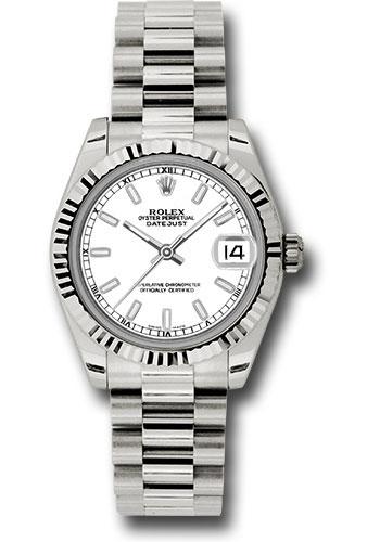 Rolex White Gold Datejust 31 Watch - Fluted Bezel - White Index Dial - President Bracelet - 178279
