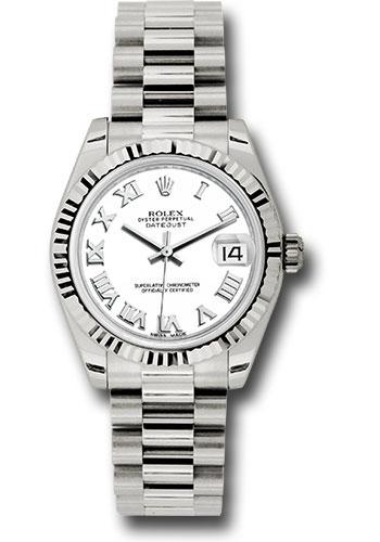 Rolex White Gold Datejust 31 Watch - Fluted Bezel - White Roman Dial - President Bracelet - 178279
