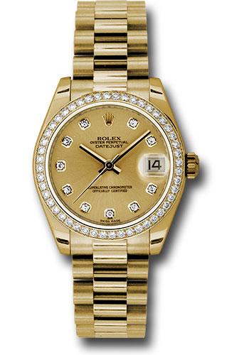 Rolex Yellow Gold Datejust 31 Watch - 48 Diamond Bezel - Champagne Diamond Dial - President Bracelet - 178288
