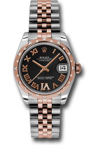 Rolex Steel and Everose Gold Datejust 31 Watch - 24 Diamond Bezel - Black Diamond Roman Vi Roman Dial - Jubilee Bracelet - 178341