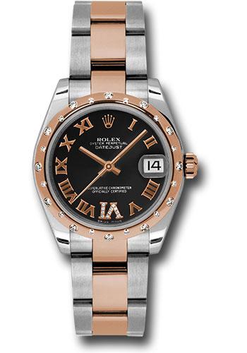 Rolex Steel and Everose Gold Datejust 31 Watch - 24 Diamond Bezel - Black Diamond Roman Vi Roman Dial - Oyster Bracelet - 178341