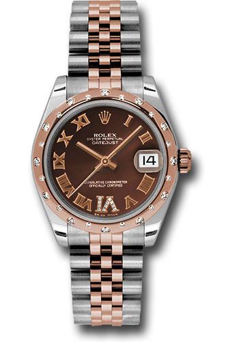 Rolex Steel and Everose Gold Datejust 31 Watch - 24 Diamond Bezel - Chocolate Diamond Roman Vi Roman Dial - Jubilee Bracelet - 178341