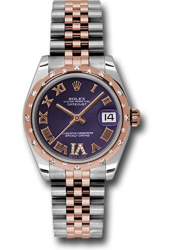 Rolex Steel and Everose Gold Datejust 31 Watch - 24 Diamond Bezel - Purple Diamond Roman Vi Roman Dial - Jubilee Bracelet - 178341