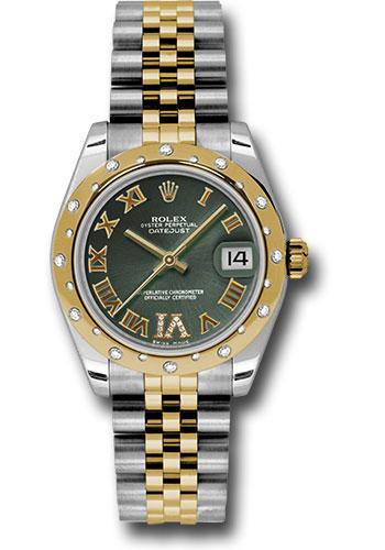 Rolex Steel and Yellow Gold Datejust 31 Watch - 24 Diamond Bezel - Olive Green Diamond Roman Vi Roman Dial - Jubilee Bracelet - 178343
